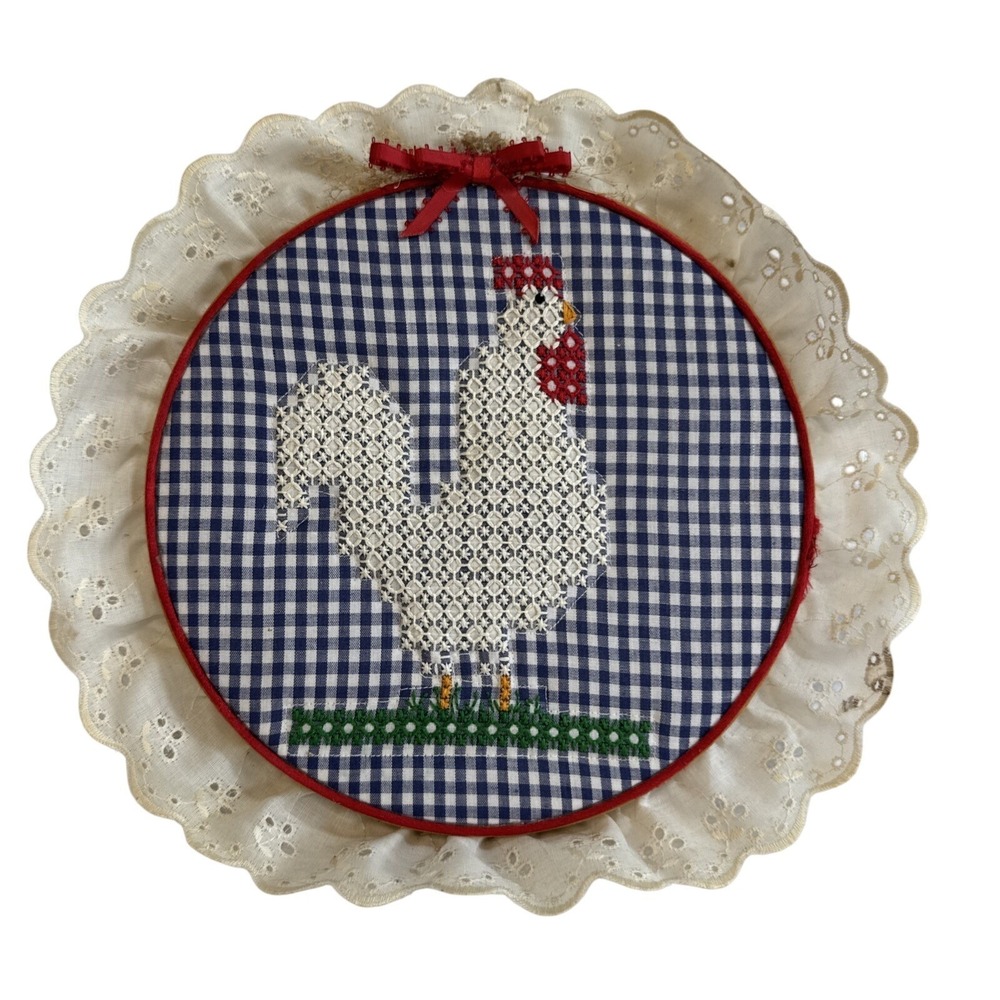 Vintage Rooster Embroidery Hoop Wall Art Blue Gingham Eyelet Lace Trim 10"